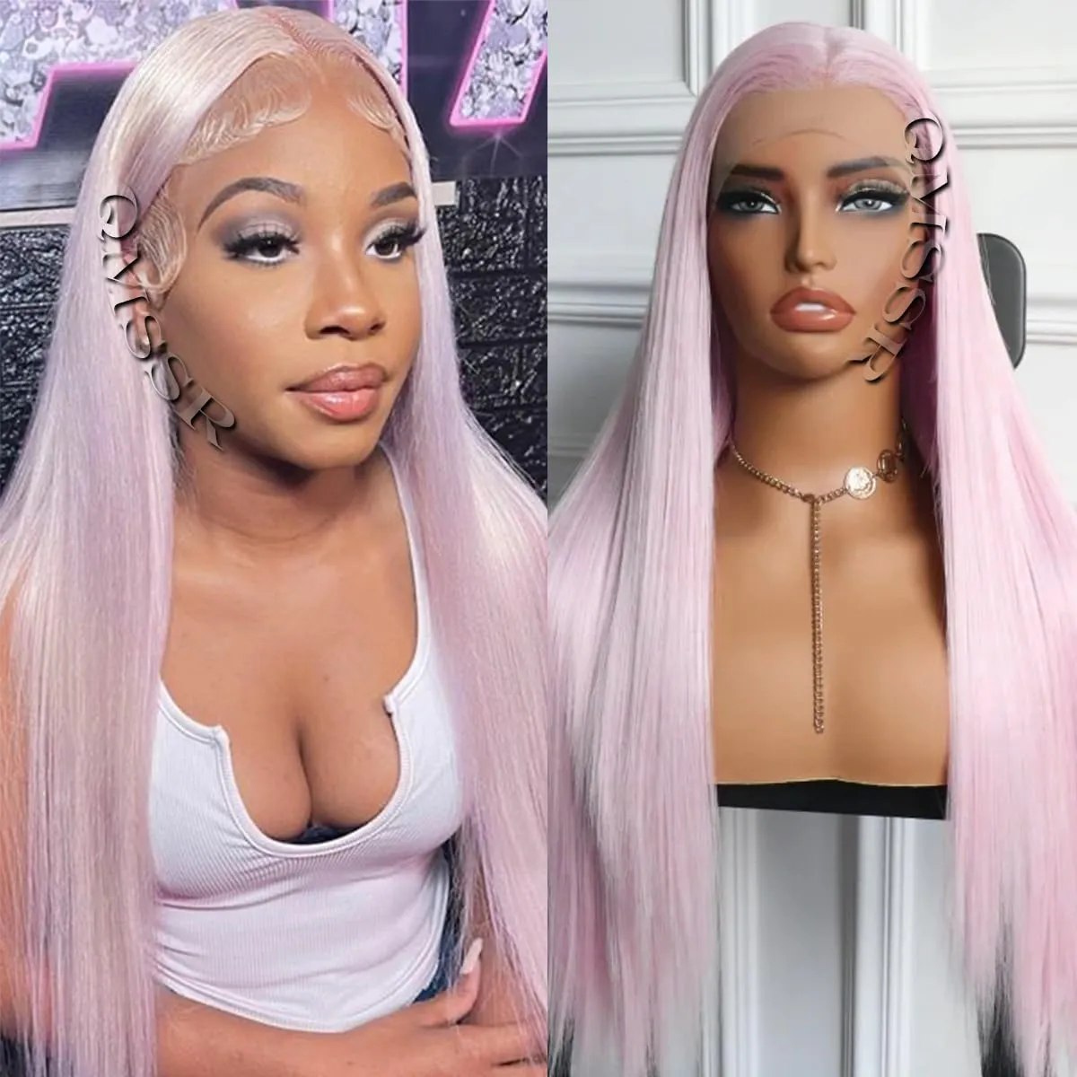 Ice Pink Synthetic Lace Front Wig for Fashion Women Long Straight Light Pink Lace Front Wigs Pre Plucked Heat Resistant Hair Synthetic Lace Wig Natural Hairline
