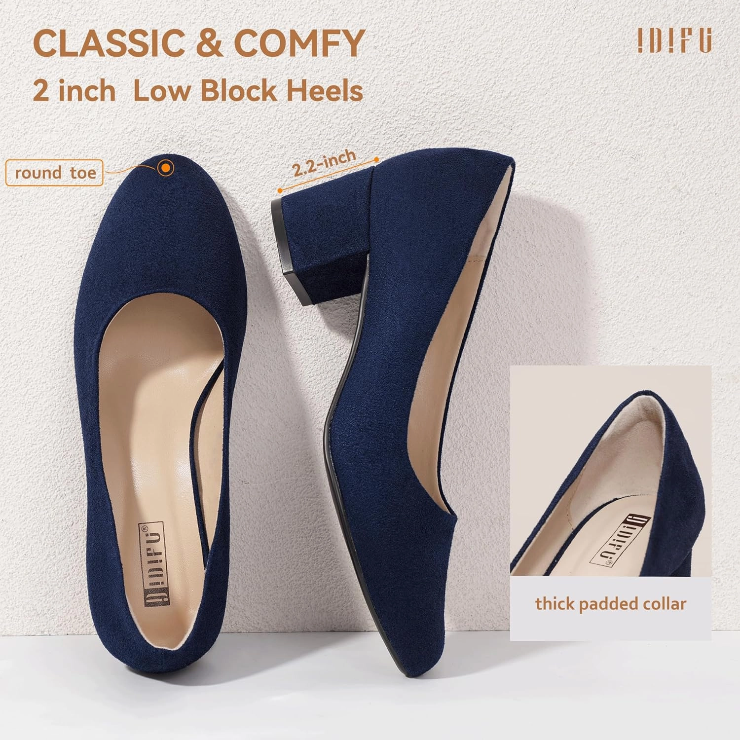 IDIFU IN2 Women's Pumps Low Chunky Block Closed Toe Heels Comfortable Short Dress Shoes for Women Ladies Flight Attendant Wedding Bridal Homecoming Work Heels Dressy Formal Round Toe Pumps Shoes