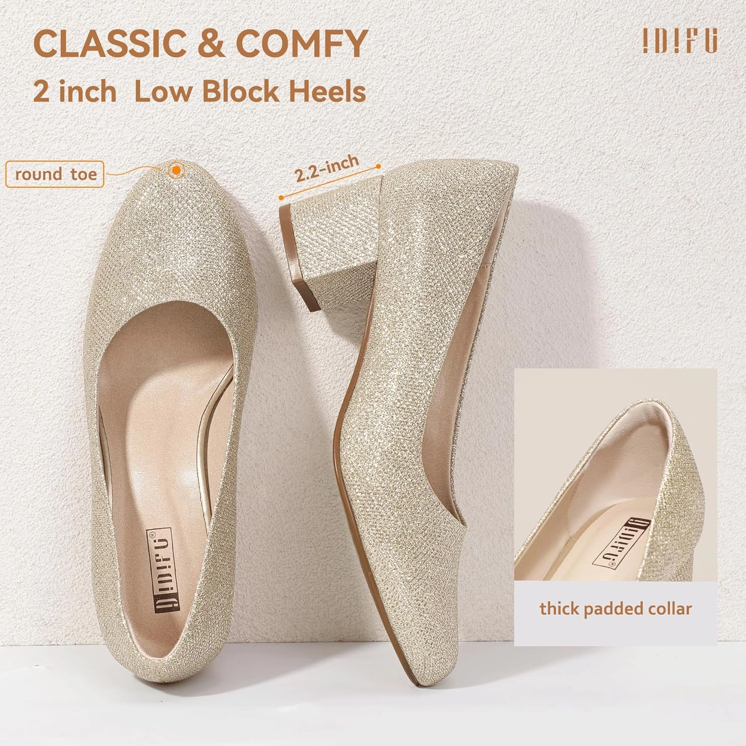 IDIFU IN2 Women's Pumps Low Chunky Block Closed Toe Heels Comfortable Short Dress Shoes for Women Ladies Flight Attendant Wedding Bridal Homecoming Work Heels Dressy Formal Round Toe Pumps Shoes