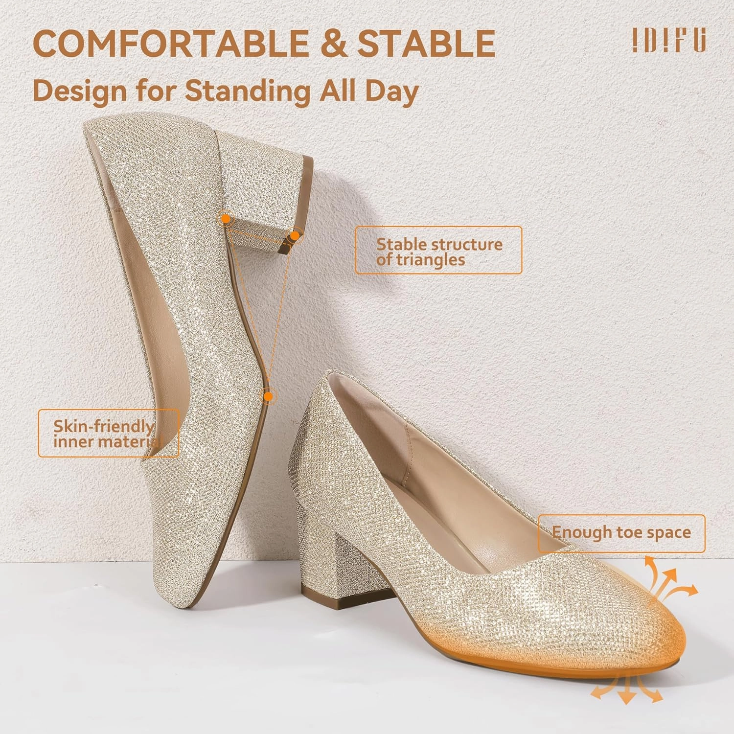 IDIFU IN2 Women's Pumps Low Chunky Block Closed Toe Heels Comfortable Short Dress Shoes for Women Ladies Flight Attendant Wedding Bridal Homecoming Work Heels Dressy Formal Round Toe Pumps Shoes