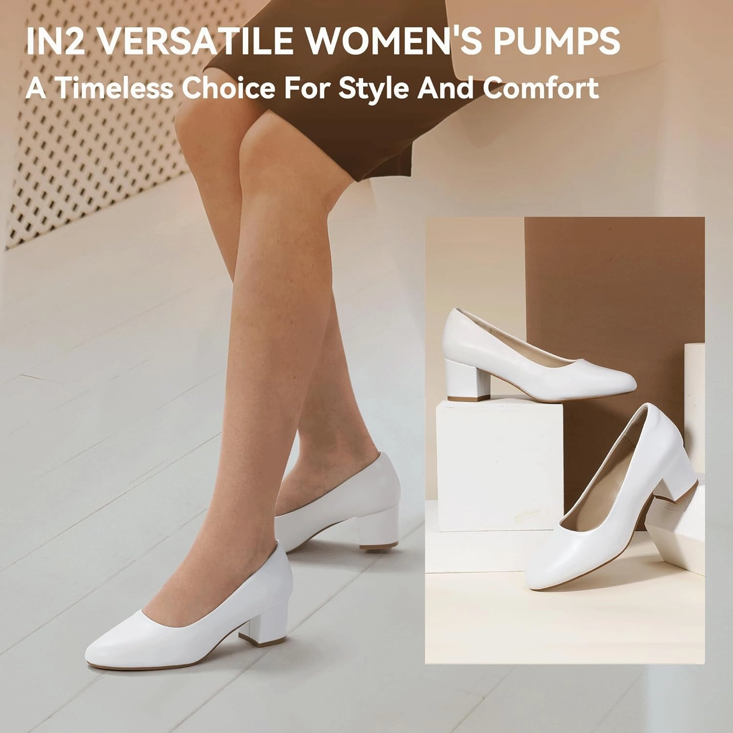 IDIFU IN2 Women's Pumps Low Chunky Block Closed Toe Heels Comfortable Short Dress Shoes for Women Ladies Flight Attendant Wedding Bridal Homecoming Work Heels Dressy Formal Round Toe Pumps Shoes