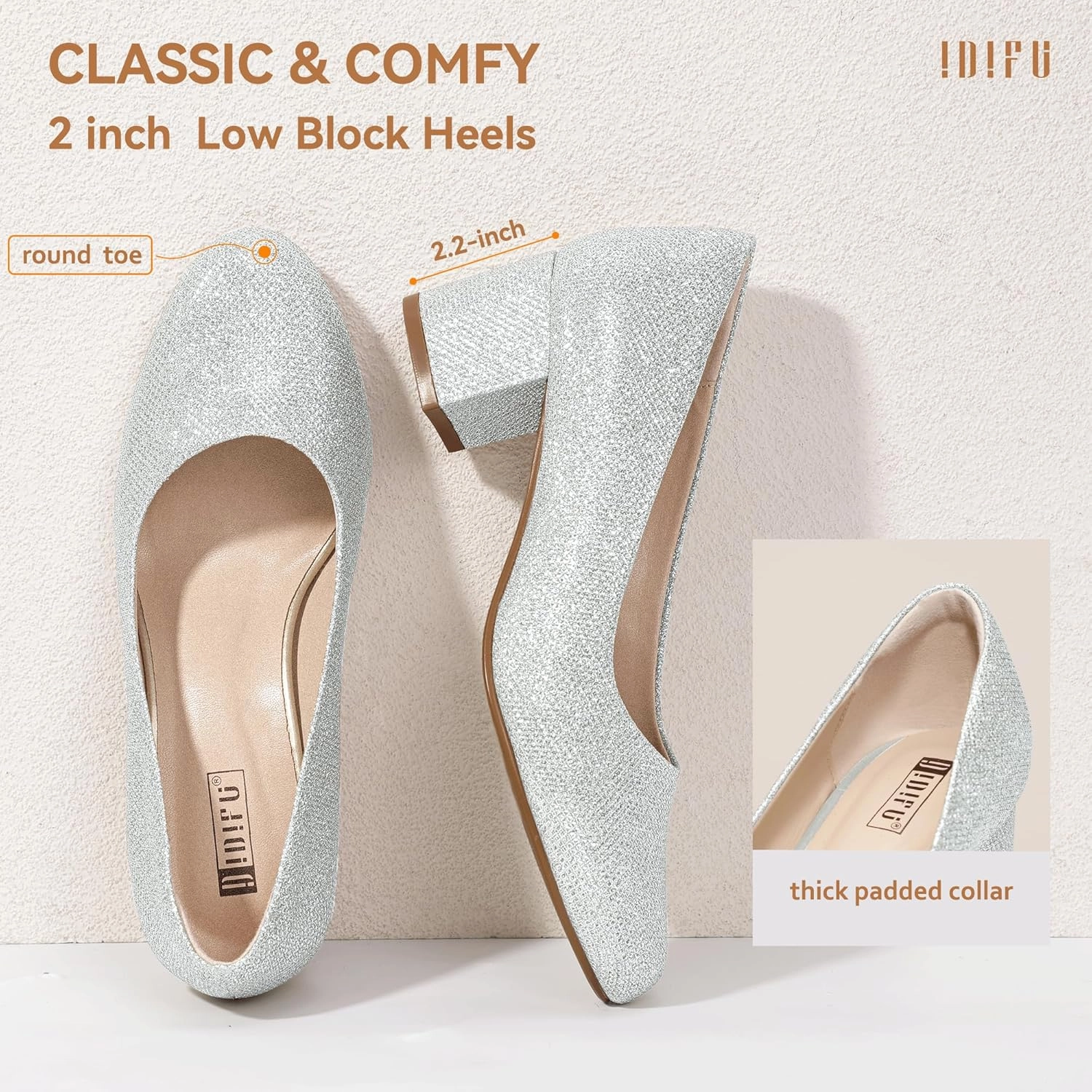 IDIFU IN2 Women's Pumps Low Chunky Block Closed Toe Heels Comfortable Short Dress Shoes for Women Ladies Flight Attendant Wedding Bridal Homecoming Work Heels Dressy Formal Round Toe Pumps Shoes