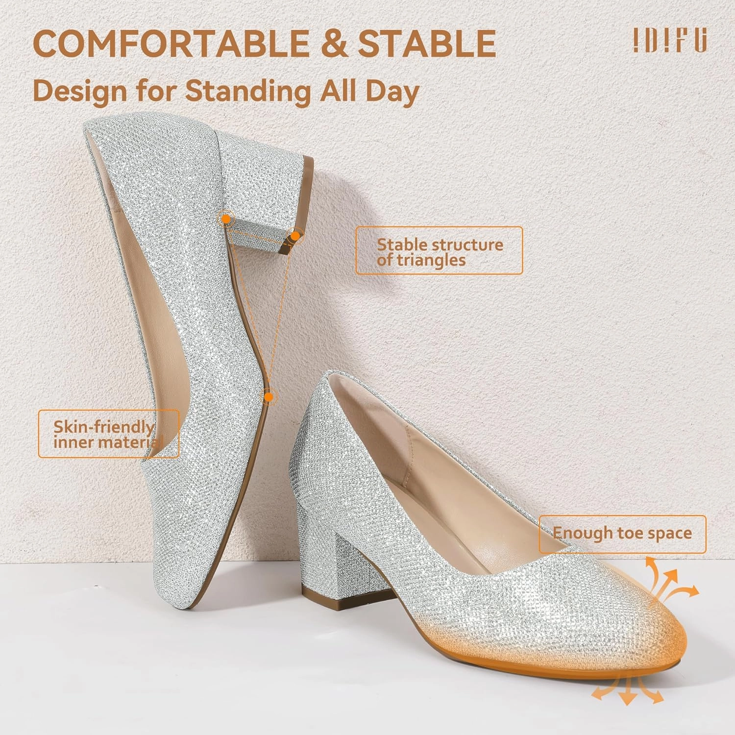 IDIFU IN2 Women's Pumps Low Chunky Block Closed Toe Heels Comfortable Short Dress Shoes for Women Ladies Flight Attendant Wedding Bridal Homecoming Work Heels Dressy Formal Round Toe Pumps Shoes