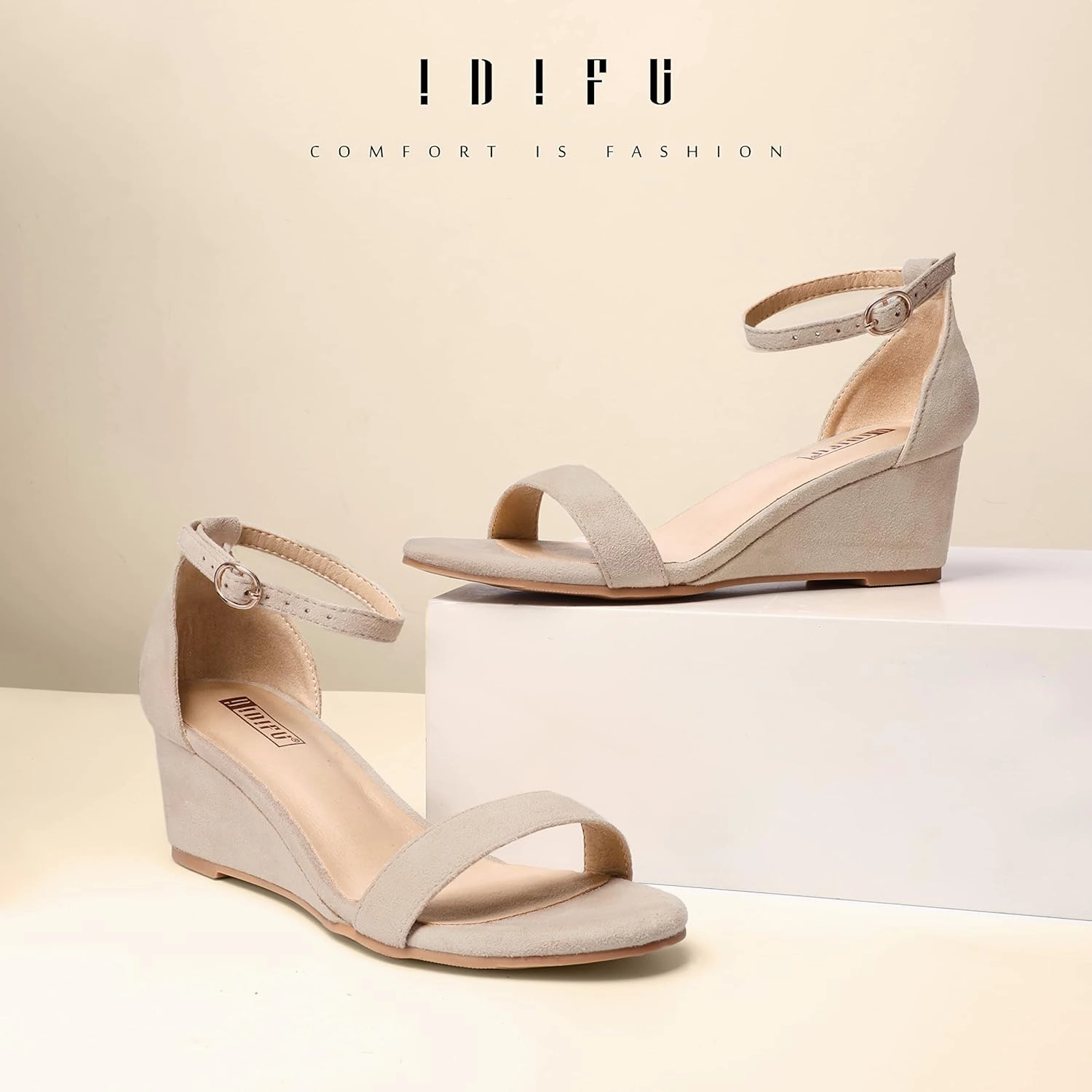 IDIFU Wedge Sandals Heels for Women Dress Shoes Open Toe with Ankle Strap for Wedding Bridal Evening Cocktail