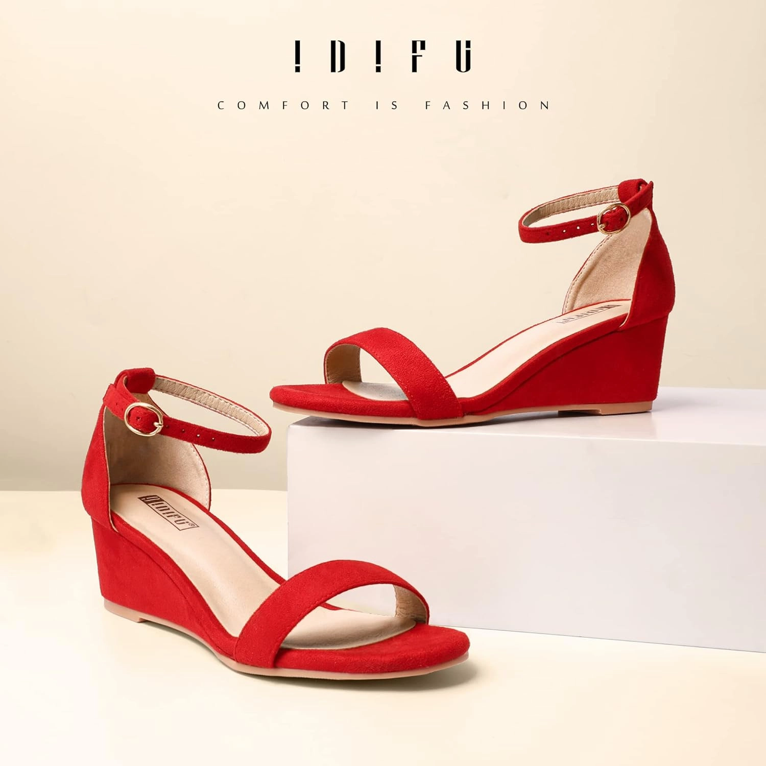 IDIFU Wedge Sandals Heels for Women Dress Shoes Open Toe with Ankle Strap for Wedding Bridal Evening Cocktail