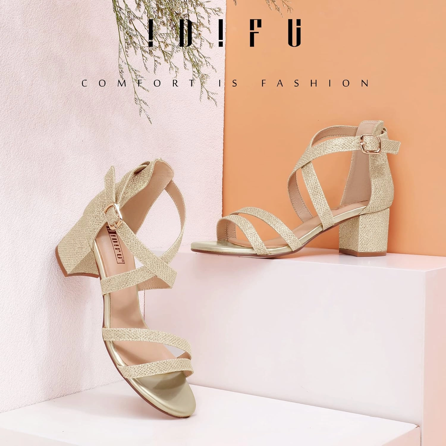 IDIFU Women's Block Low Chunky Heel Strappy Sandals Open Toe Ankle Strap Dress Wedding Evening Shoe for Women Bridal