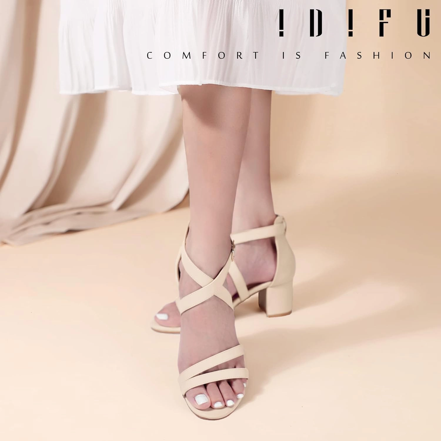 IDIFU Women's Block Low Chunky Heel Strappy Sandals Open Toe Ankle Strap Dress Wedding Evening Shoe for Women Bridal