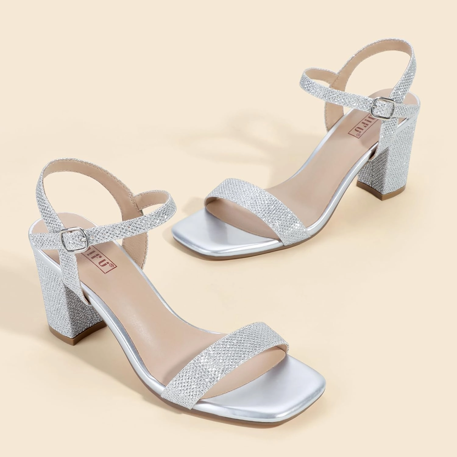 IDIFU Women's IN3 Chunky Heels for Women Dressy Square Toe Heels Slingback Block Heels Sandals for Wedding Bridal Evening Homecoming Prom