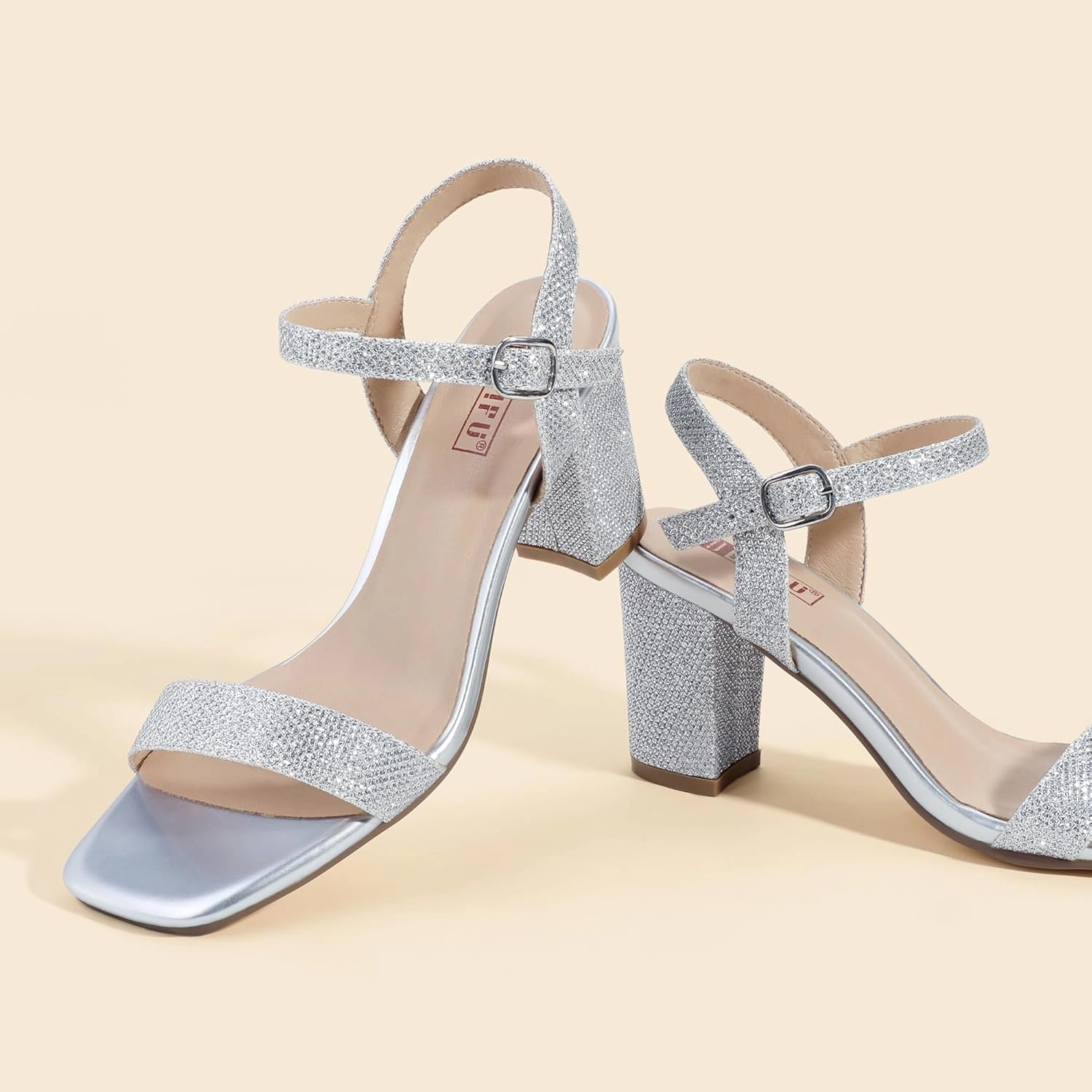 IDIFU Women's IN3 Chunky Heels for Women Dressy Square Toe Heels Slingback Block Heels Sandals for Wedding Bridal Evening Homecoming Prom