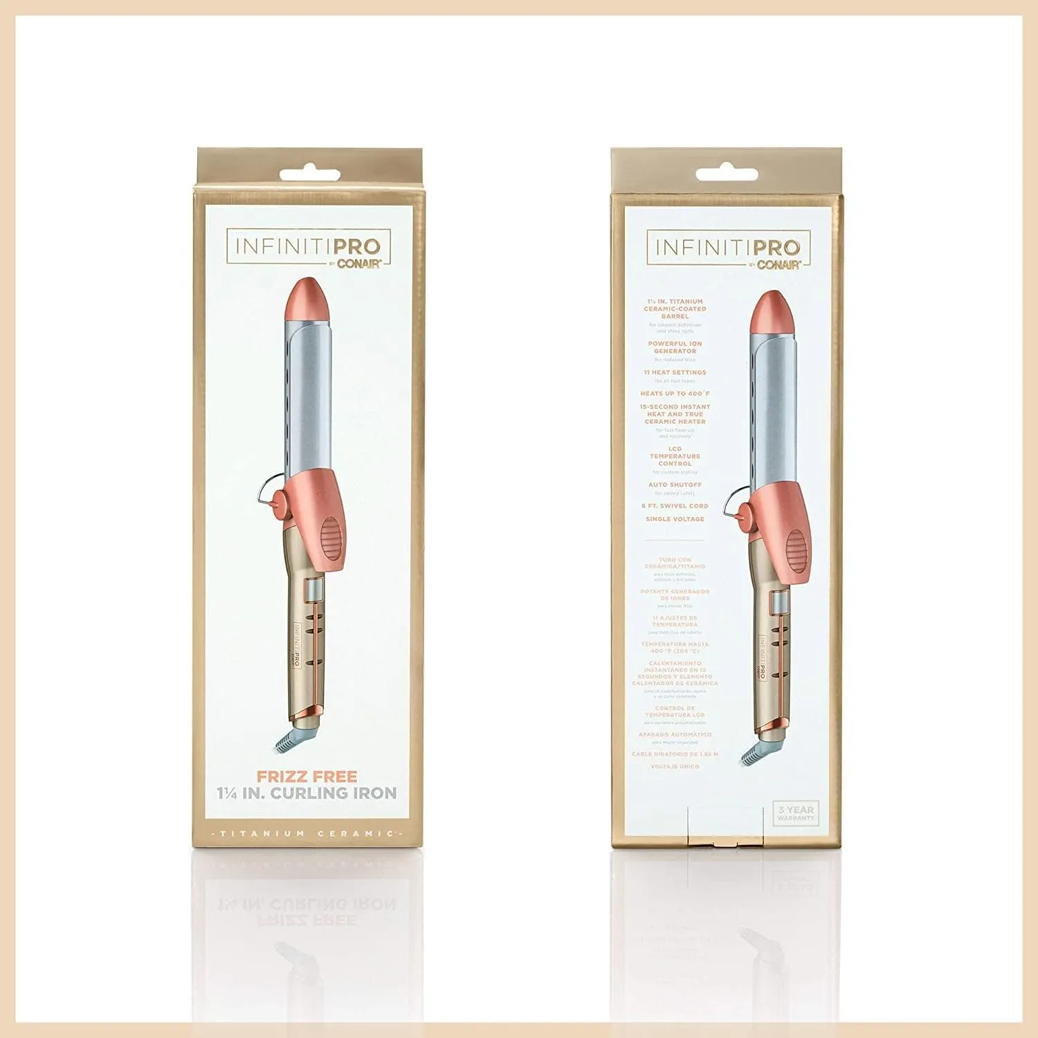 INFINITIPRO BY CONAIR Frizz Free 1 1/4-inch Titanium Ceramic Curling Iron, 1 ¼ inch barrel produces loose curls – for use on medium and long hair, Rose Gold