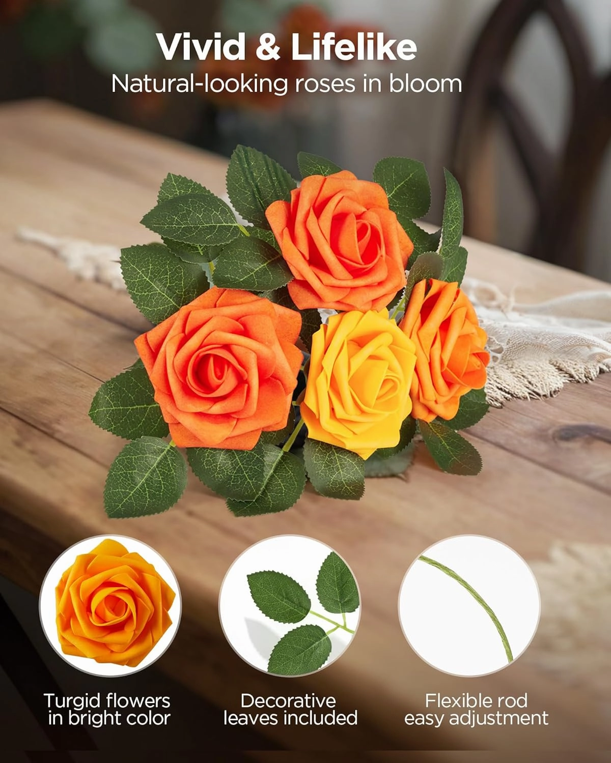 InnoGear Artificial Flowers, 50 Pcs Shades of Orange Foam Fake Roses Bulk with Stems for Decoration DIY Wedding Bouquets Centerpieces Bridal Shower Party Christmas Tree
