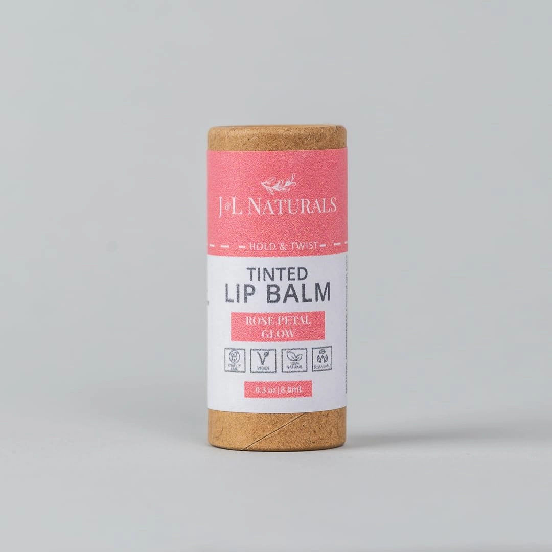 J&L Naturals Tinted Lip Balm | Vegan & Cruelty Free Lip Stain | Zero Waste Makeup | Plastic-Free, Hydrating & Moisturizing Lip Tint | Made in US (Duo (2-Pack), Rose Petal Glow)