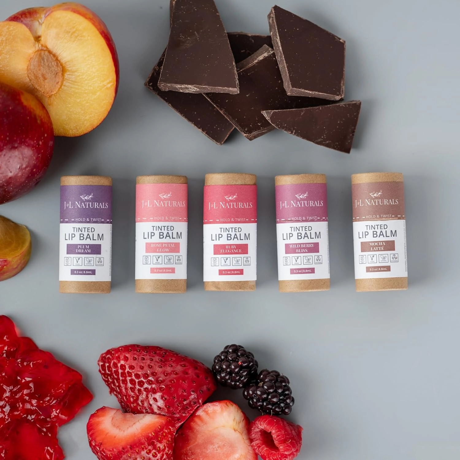 J&L Naturals Tinted Lip Balm | Vegan & Cruelty Free Lip Stain | Zero Waste Makeup | Plastic-Free, Hydrating & Moisturizing Lip Tint | Made in US (Duo (2-Pack), Rose Petal Glow)