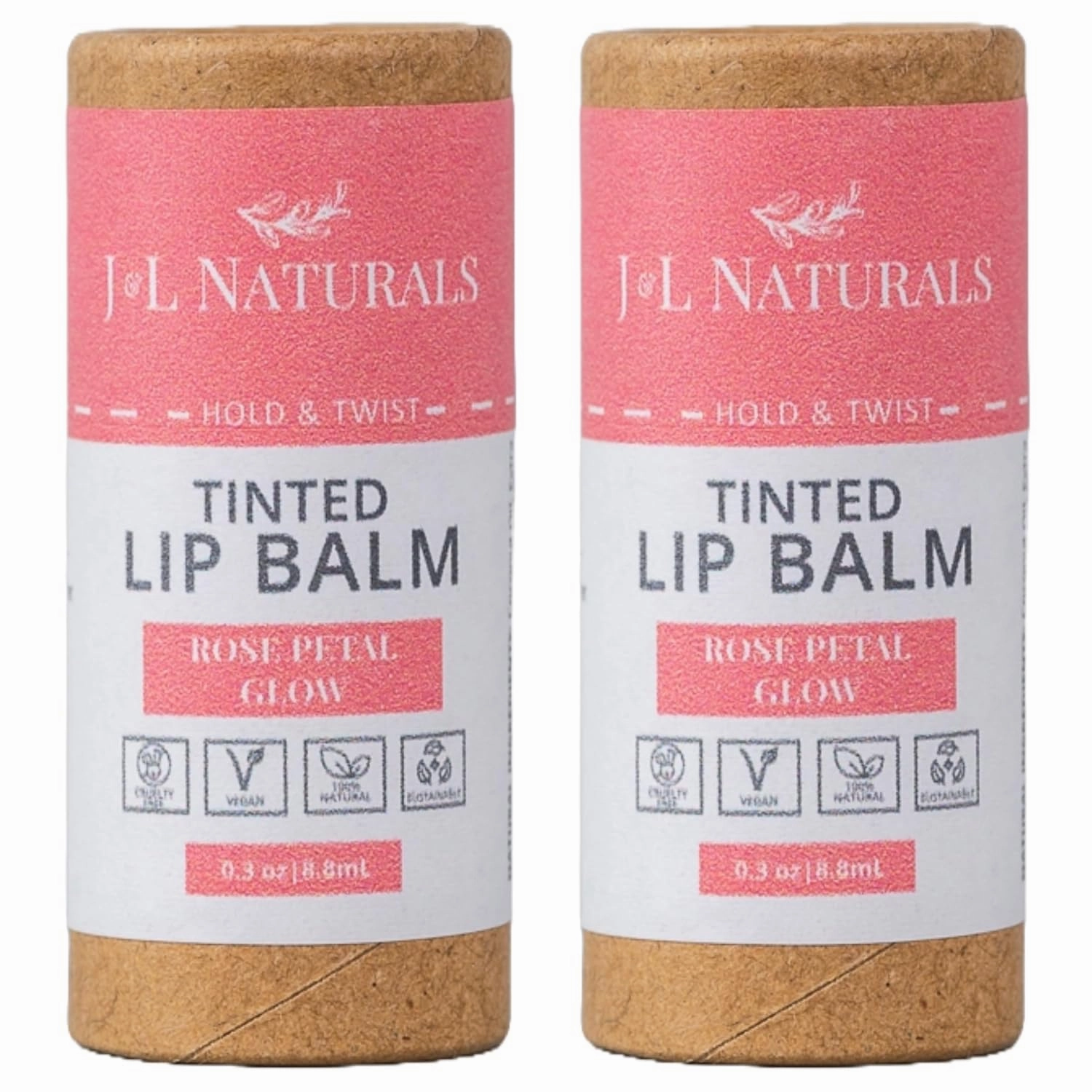 J&L Naturals Tinted Lip Balm | Vegan & Cruelty Free Lip Stain | Zero Waste Makeup | Plastic-Free, Hydrating & Moisturizing Lip Tint | Made in US (Duo (2-Pack), Rose Petal Glow)