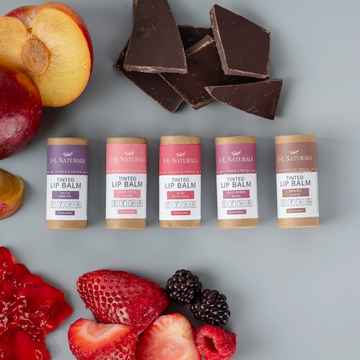 J&L Naturals Tinted Lip Balm | Vegan & Cruelty Free Lip Stain | Zero Waste Makeup | Plastic-Free, Hydrating & Moisturizing Lip Tint | Made in US (Duo (2-Pack), Wild Berry Bliss)