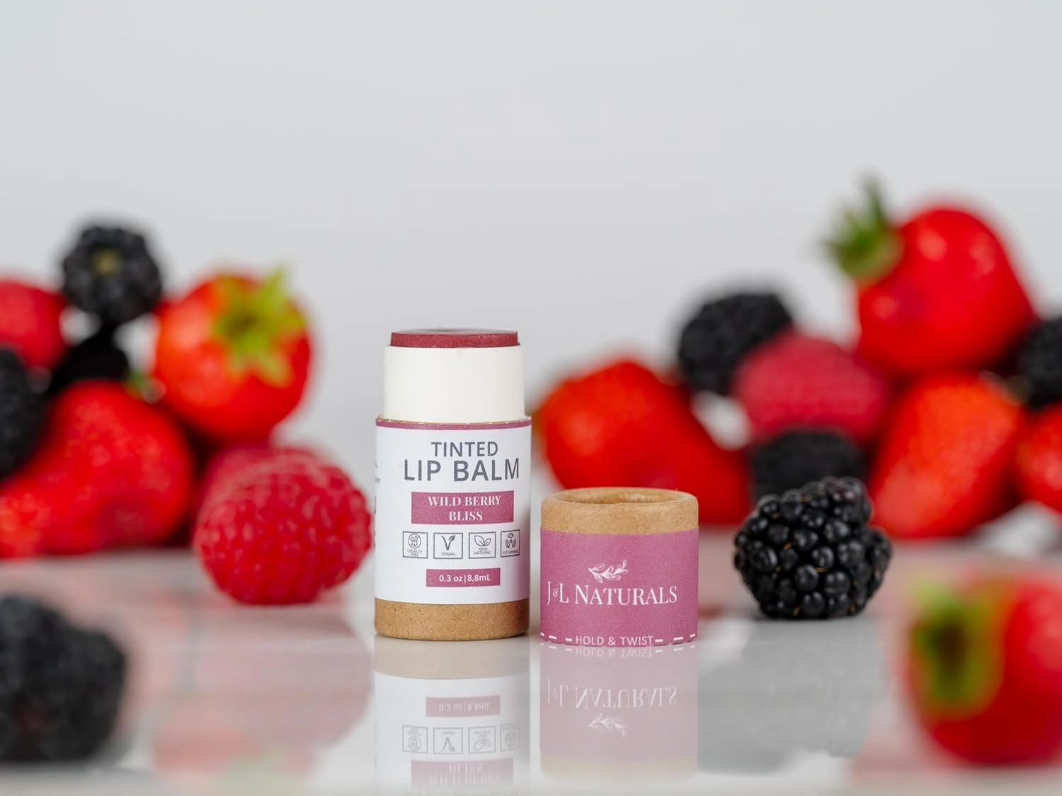J&L Naturals Tinted Lip Balm | Vegan & Cruelty Free Lip Stain | Zero Waste Makeup | Plastic-Free, Hydrating & Moisturizing Lip Tint | Made in US (Duo (2-Pack), Wild Berry Bliss)