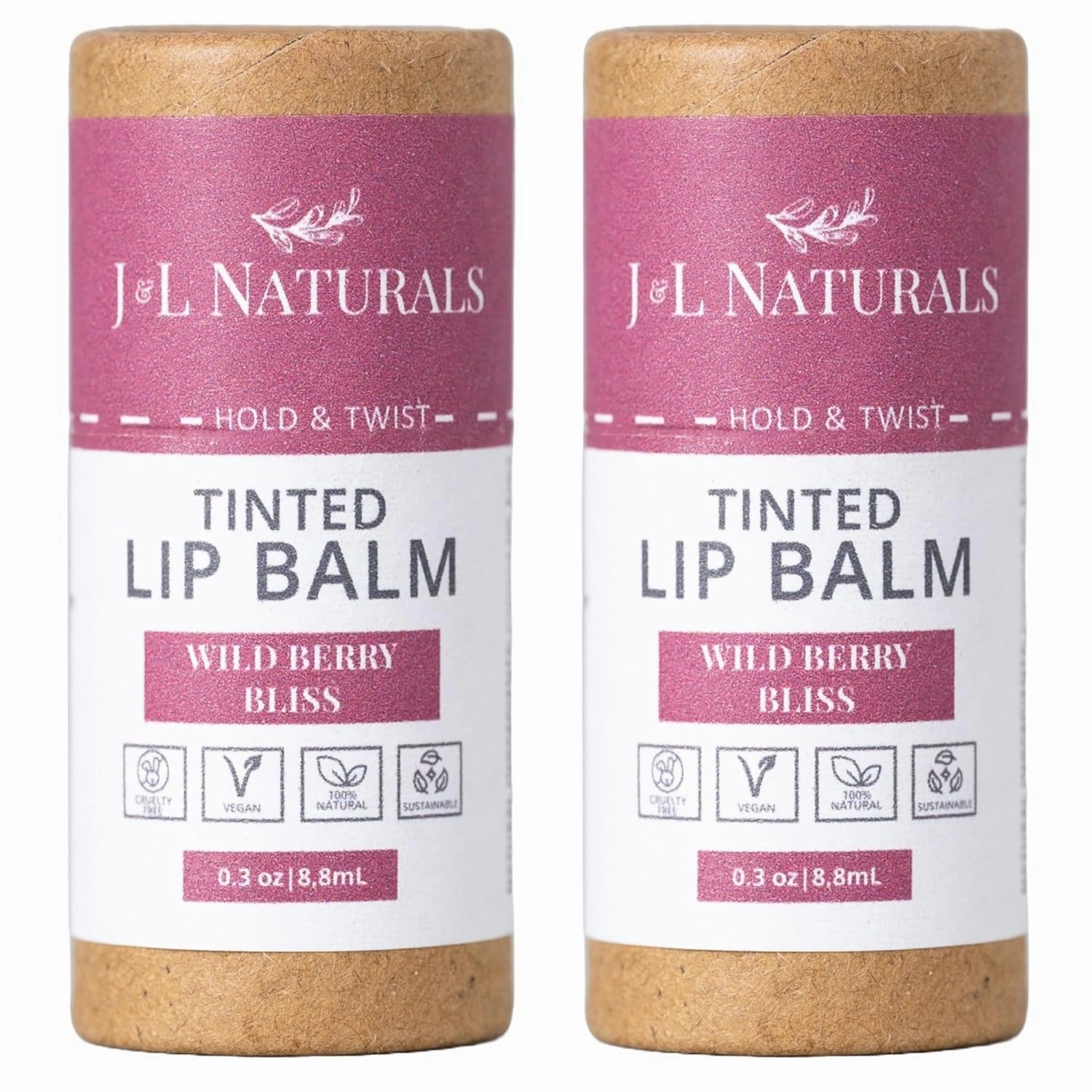 J&L Naturals Tinted Lip Balm | Vegan & Cruelty Free Lip Stain | Zero Waste Makeup | Plastic-Free, Hydrating & Moisturizing Lip Tint | Made in US (Duo (2-Pack), Wild Berry Bliss)