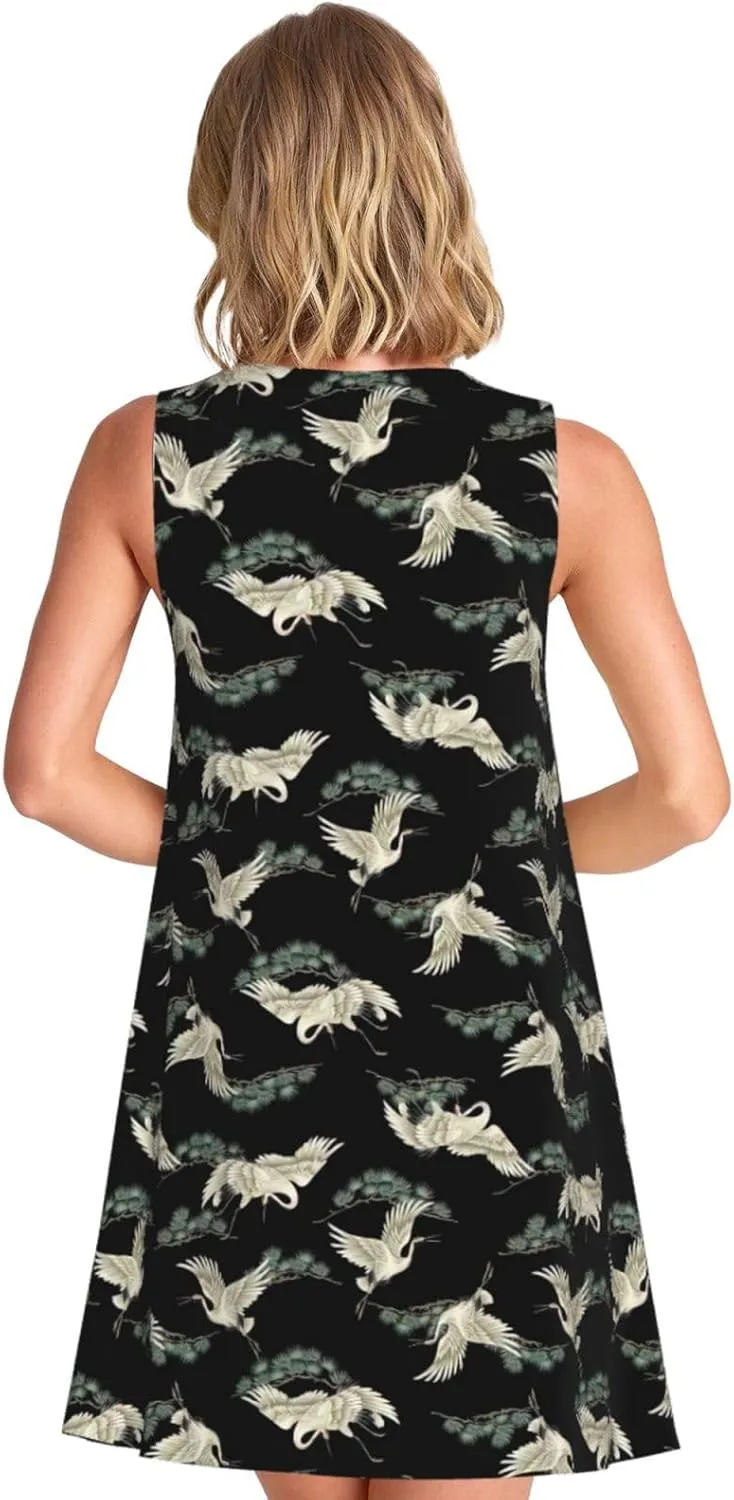 Japanese Crane & Pine Print Womens Summer Dresses Loose Round Neck Sleeveless Sundresses Dress with Pockets