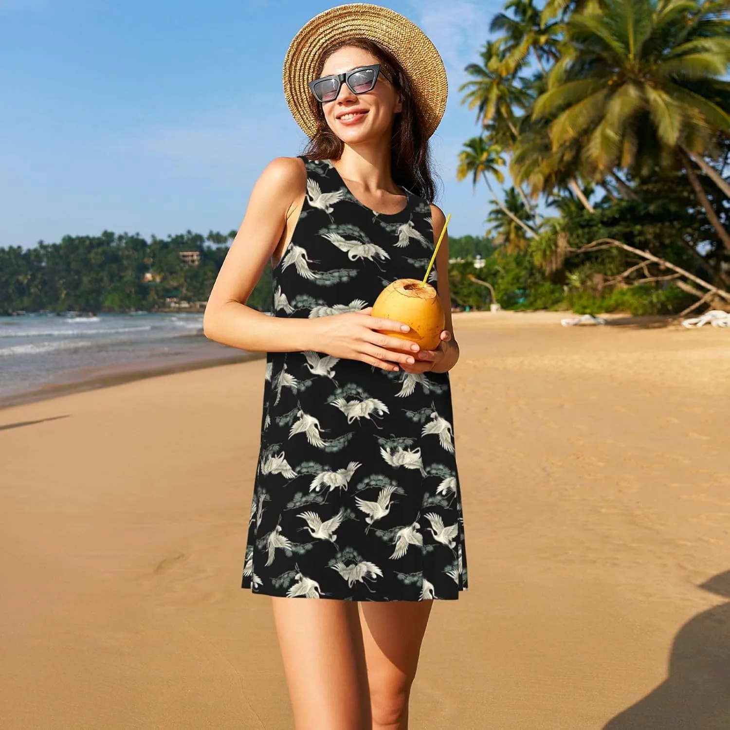 Japanese Crane & Pine Print Womens Summer Dresses Loose Round Neck Sleeveless Sundresses Dress with Pockets