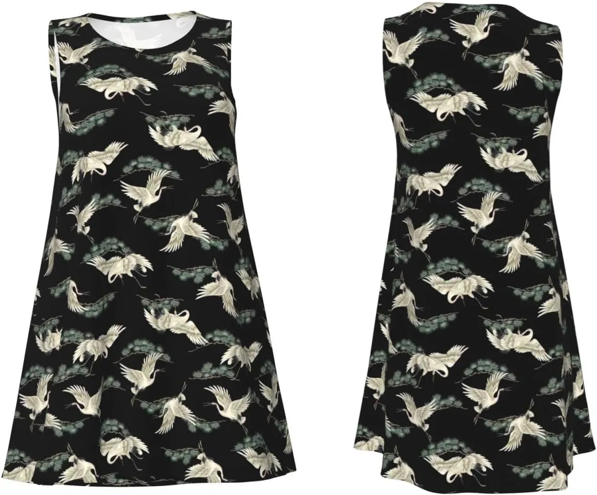 Japanese Crane & Pine Print Womens Summer Dresses Loose Round Neck Sleeveless Sundresses Dress with Pockets