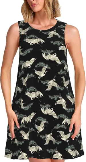 Japanese Crane & Pine Print Womens Summer Dresses Loose Round Neck Sleeveless Sundresses Dress with Pockets