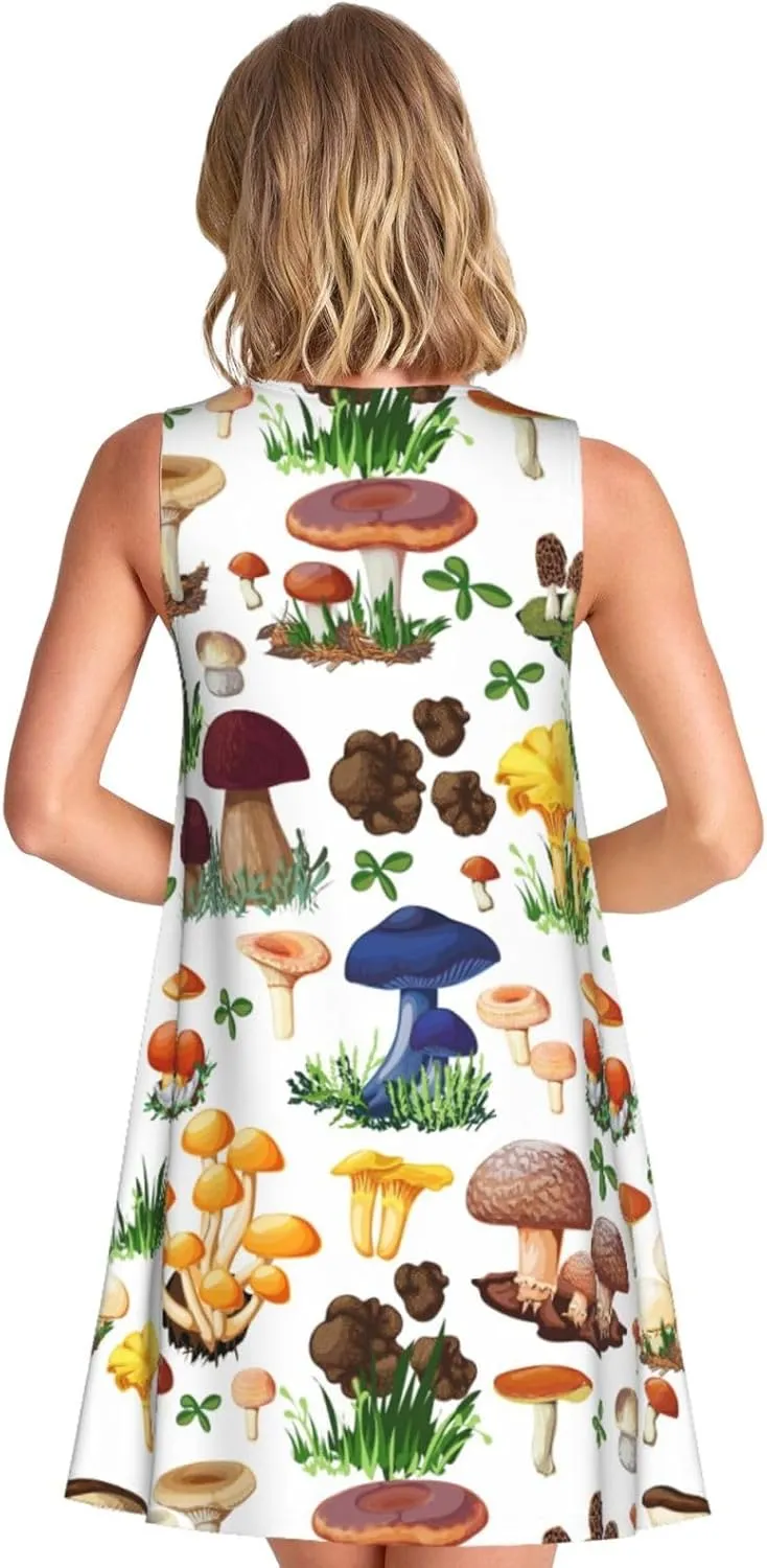 Japanese Painting Mushroom Print Womens Summer Dresses Loose Round Neck Sleeveless Sundresses Dress with Pockets