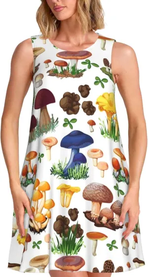 Japanese Painting Mushroom Print Womens Summer Dresses Loose Round Neck Sleeveless Sundresses Dress with Pockets