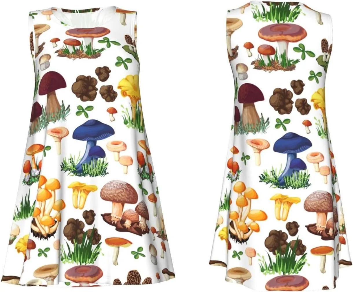 Japanese Painting Mushroom Print Womens Summer Dresses Loose Round Neck Sleeveless Sundresses Dress with Pockets