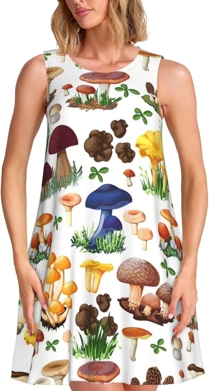 Japanese Painting Mushroom Print Womens Summer Dresses Loose Round Neck Sleeveless Sundresses Dress with Pockets
