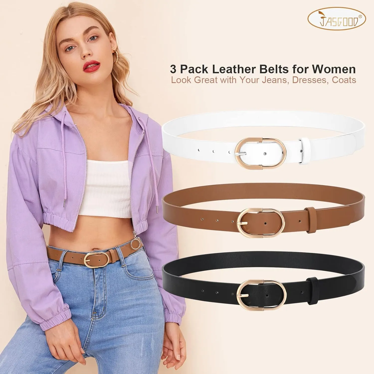 JASGOOD Women’s Leather Belts for Jeans Pants Fashion Ladies Belt with Gold Buckle