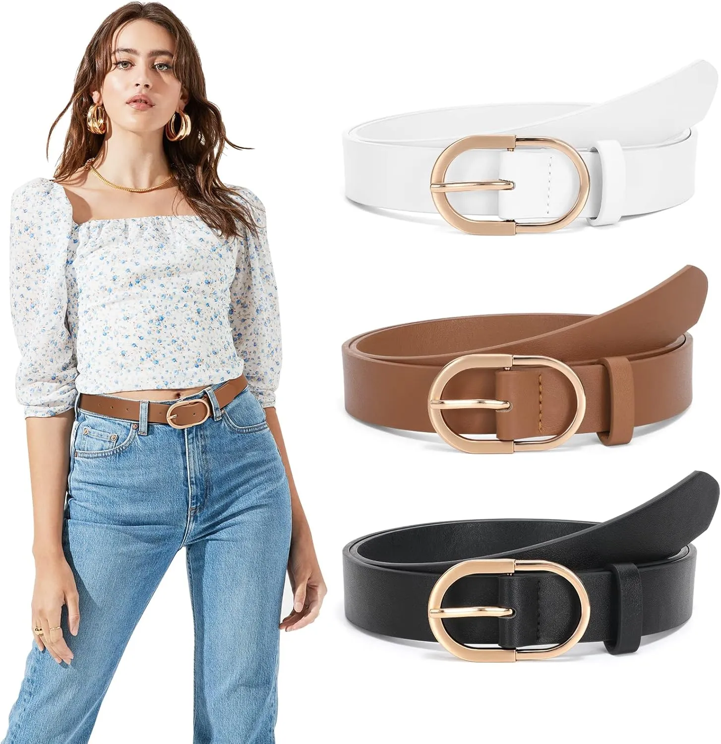 JASGOOD Women’s Leather Belts for Jeans Pants Fashion Ladies Belt with Gold Buckle