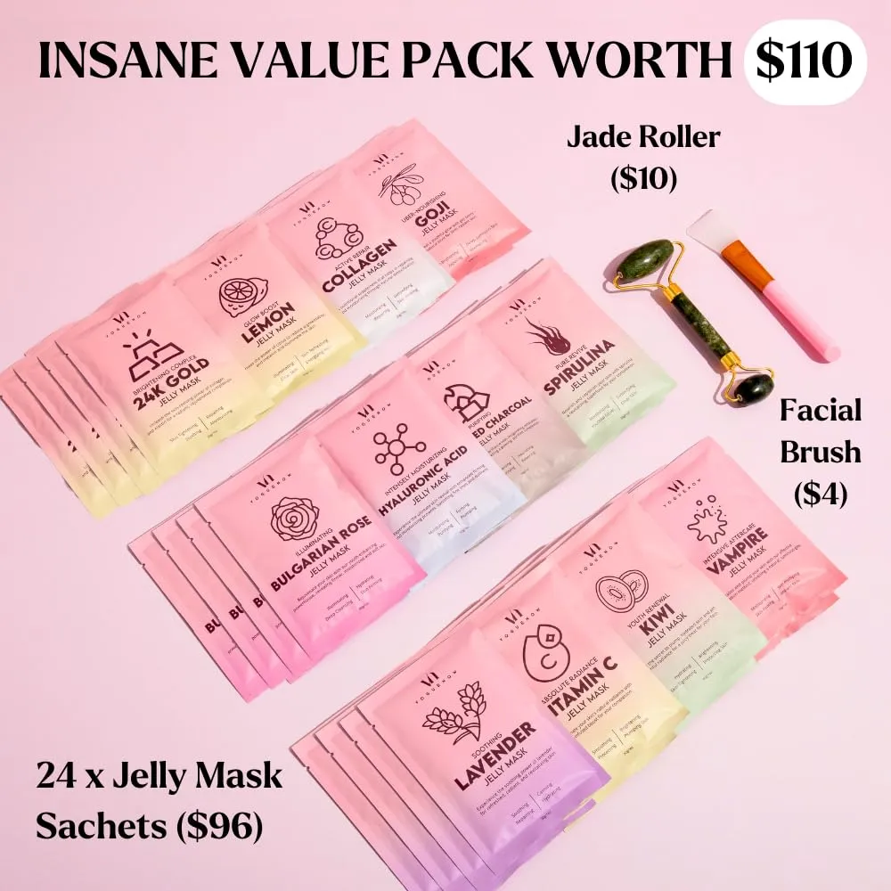 Jelly Mask for Facials - 24 Flavors Hydrating & Brightening Jelly Face Masks | Free Jade Roller & Spatula | Bulgarian Rose, Lavender, Hyaluronic Acid, 24K Gold face mask skin care |Vajacial Jelly Mask