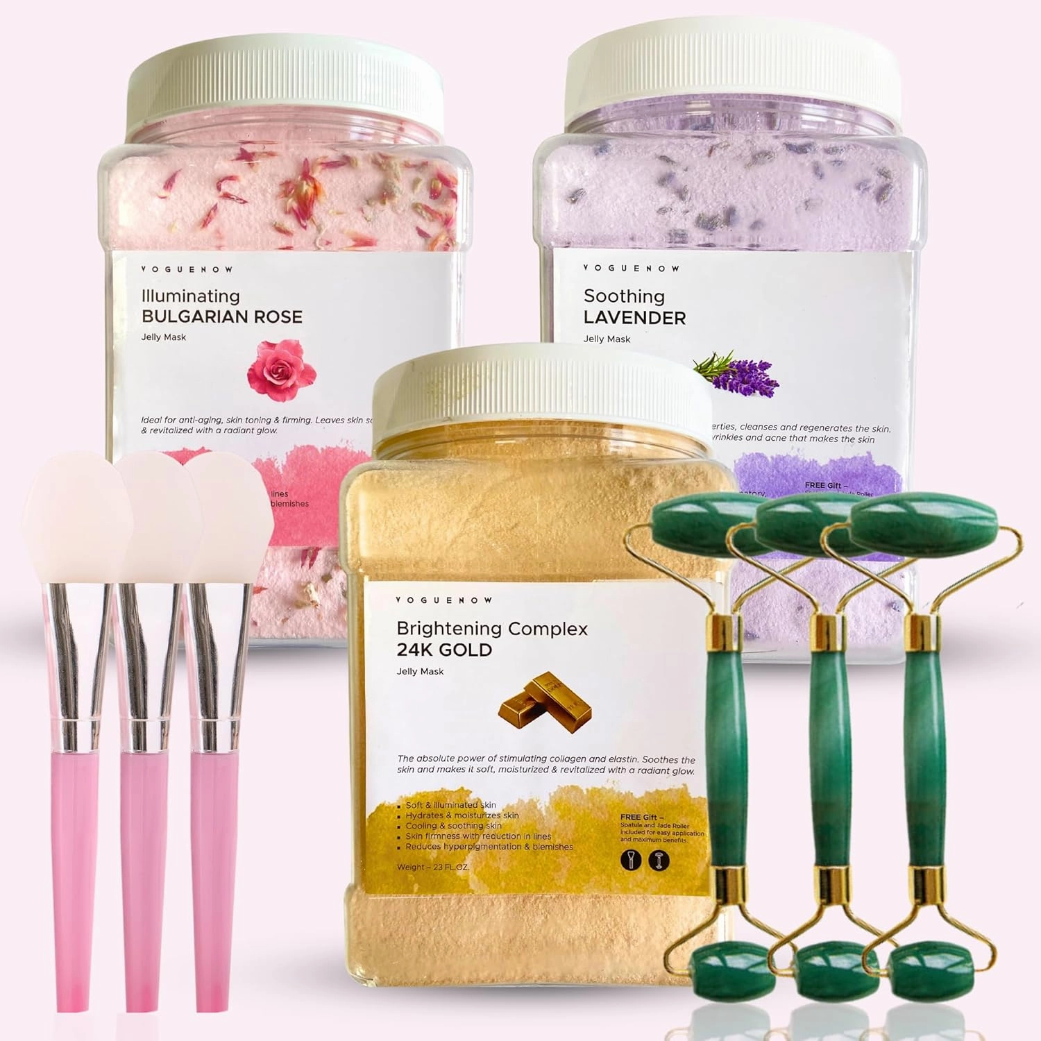 Jelly Face Mask for Facials - 24K Gold   Rose   Lavender (Pack of 3) - Hydrating Brightening & Nourishing - Free Jade Roller & Spatula - Professional Hydrojelly Masks -Perfect for Vajacial - 69 Oz Jar