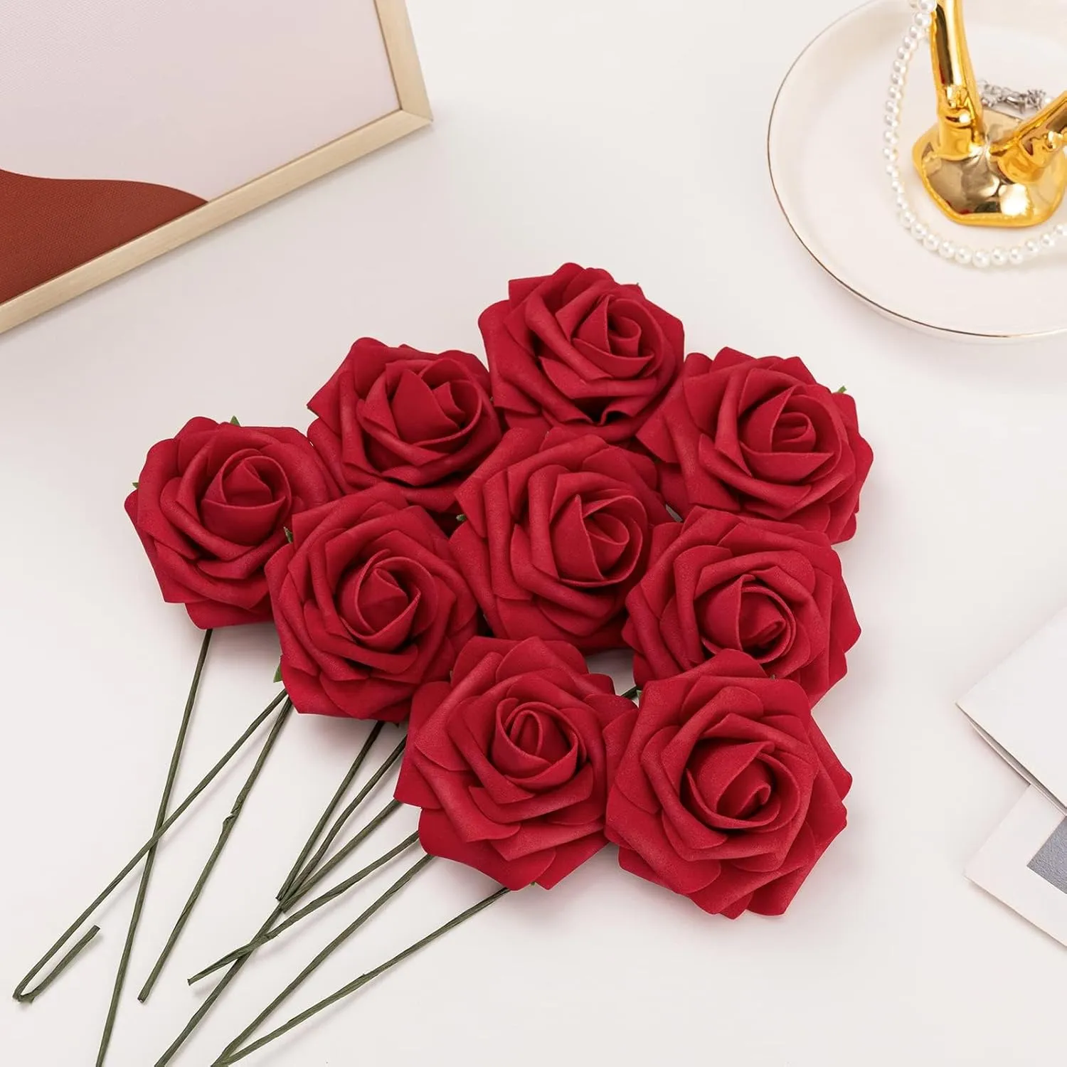 Jelofly Artificial Flowers Red Roses 100pcs Real Looking Fake Flowers Foam Roses w/Stem DIY Wedding Bouquets Centerpieces Baby Shower Party Home Decorations