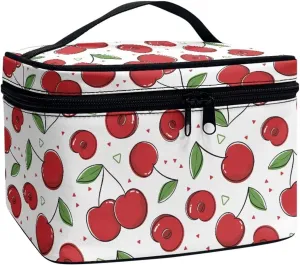 JEOCODY Cherry Print Travel Makeup Bag Hanging Toiletry Pouch Organizer Portable Handbag Cosmetic Case Portable Multifunction Makeup Pouch with Handle for Cosmetics Makeup Brushes