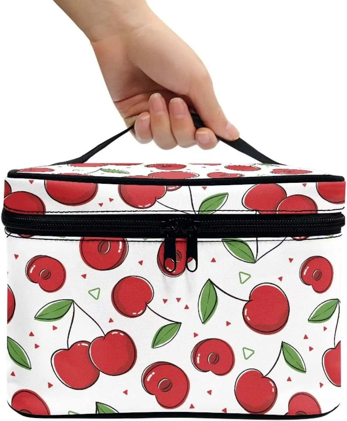 JEOCODY Cherry Print Travel Makeup Bag Hanging Toiletry Pouch Organizer Portable Handbag Cosmetic Case Portable Multifunction Makeup Pouch with Handle for Cosmetics Makeup Brushes