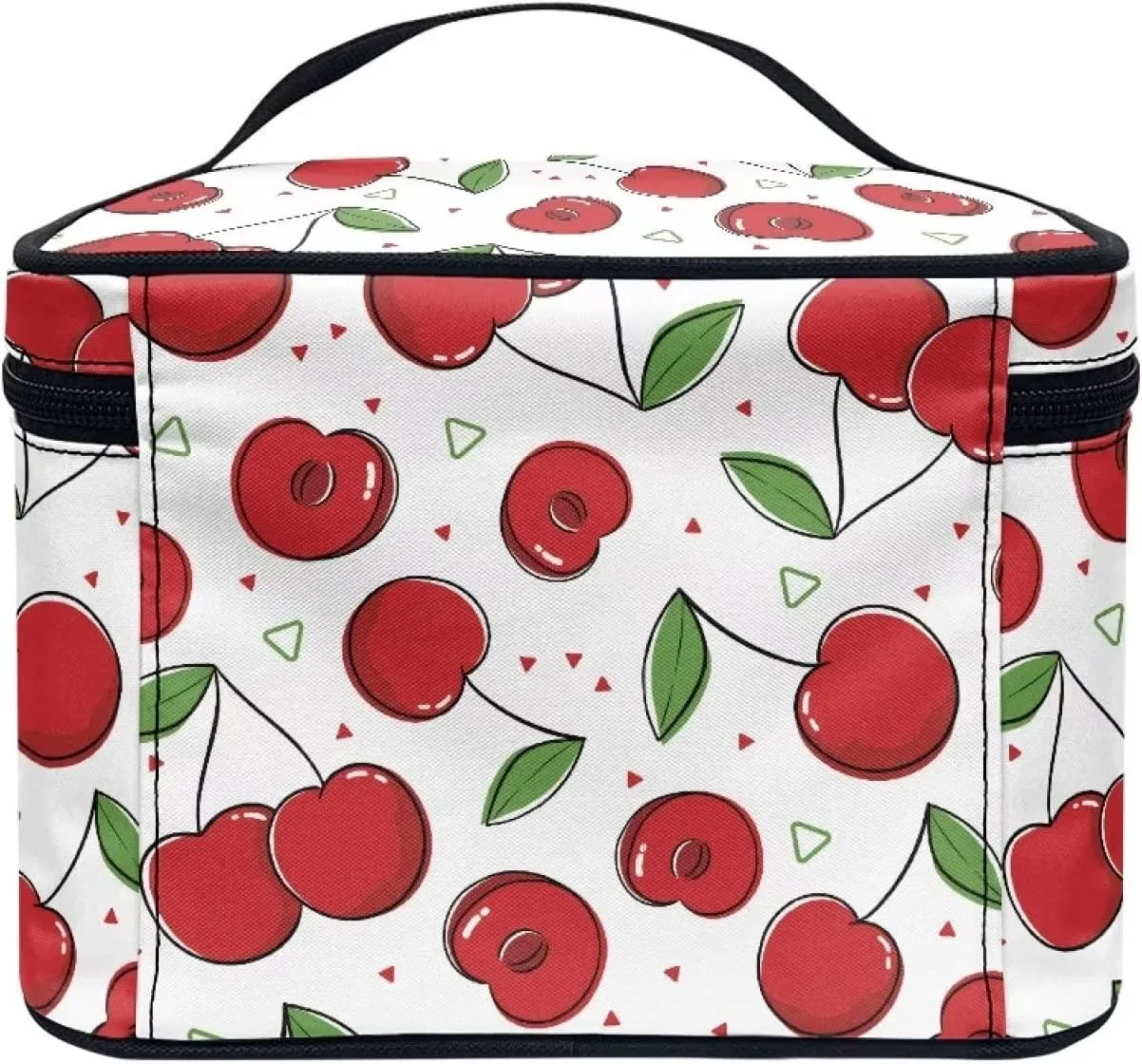 JEOCODY Cherry Print Travel Makeup Bag Hanging Toiletry Pouch Organizer Portable Handbag Cosmetic Case Portable Multifunction Makeup Pouch with Handle for Cosmetics Makeup Brushes