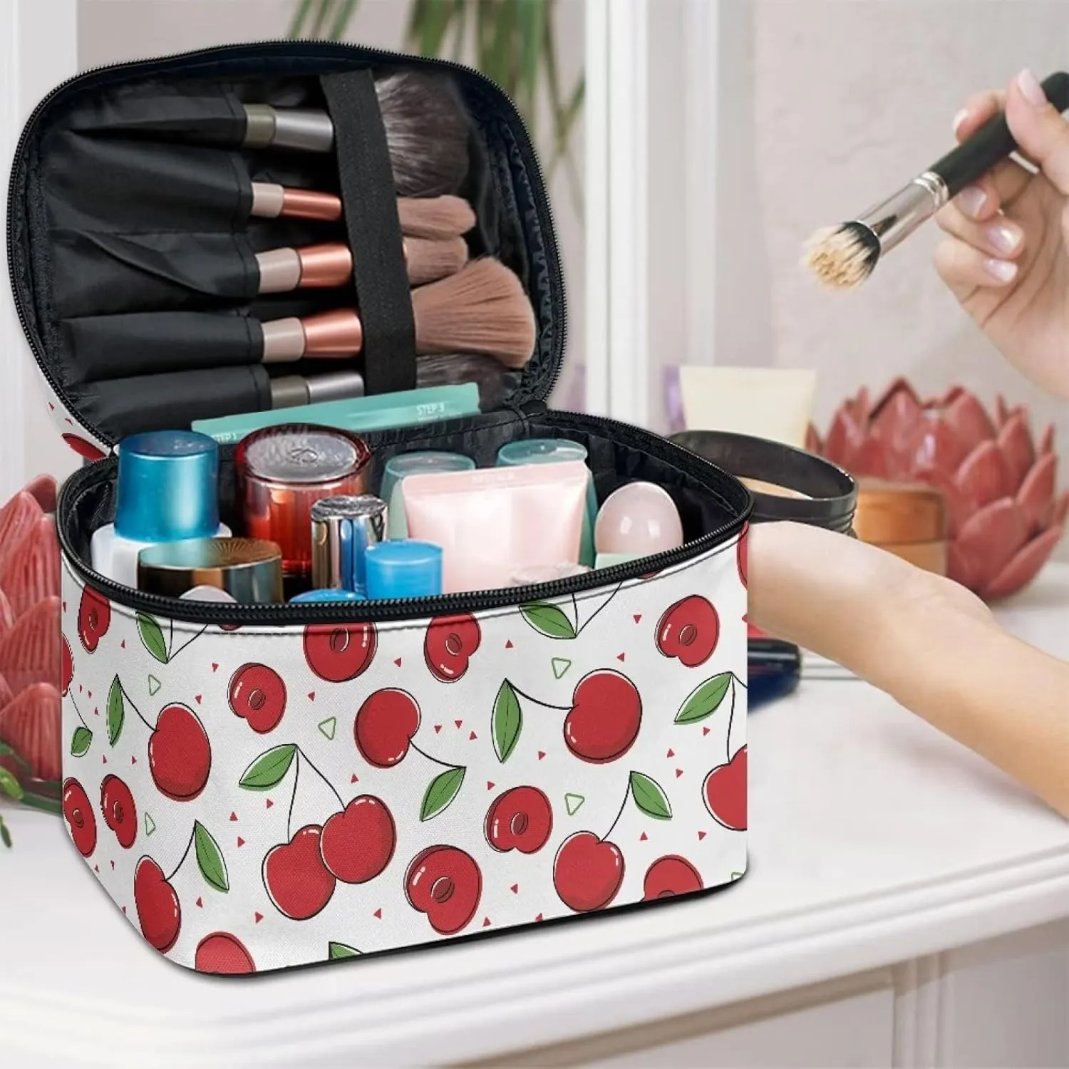 JEOCODY Cherry Print Travel Makeup Bag Hanging Toiletry Pouch Organizer Portable Handbag Cosmetic Case Portable Multifunction Makeup Pouch with Handle for Cosmetics Makeup Brushes