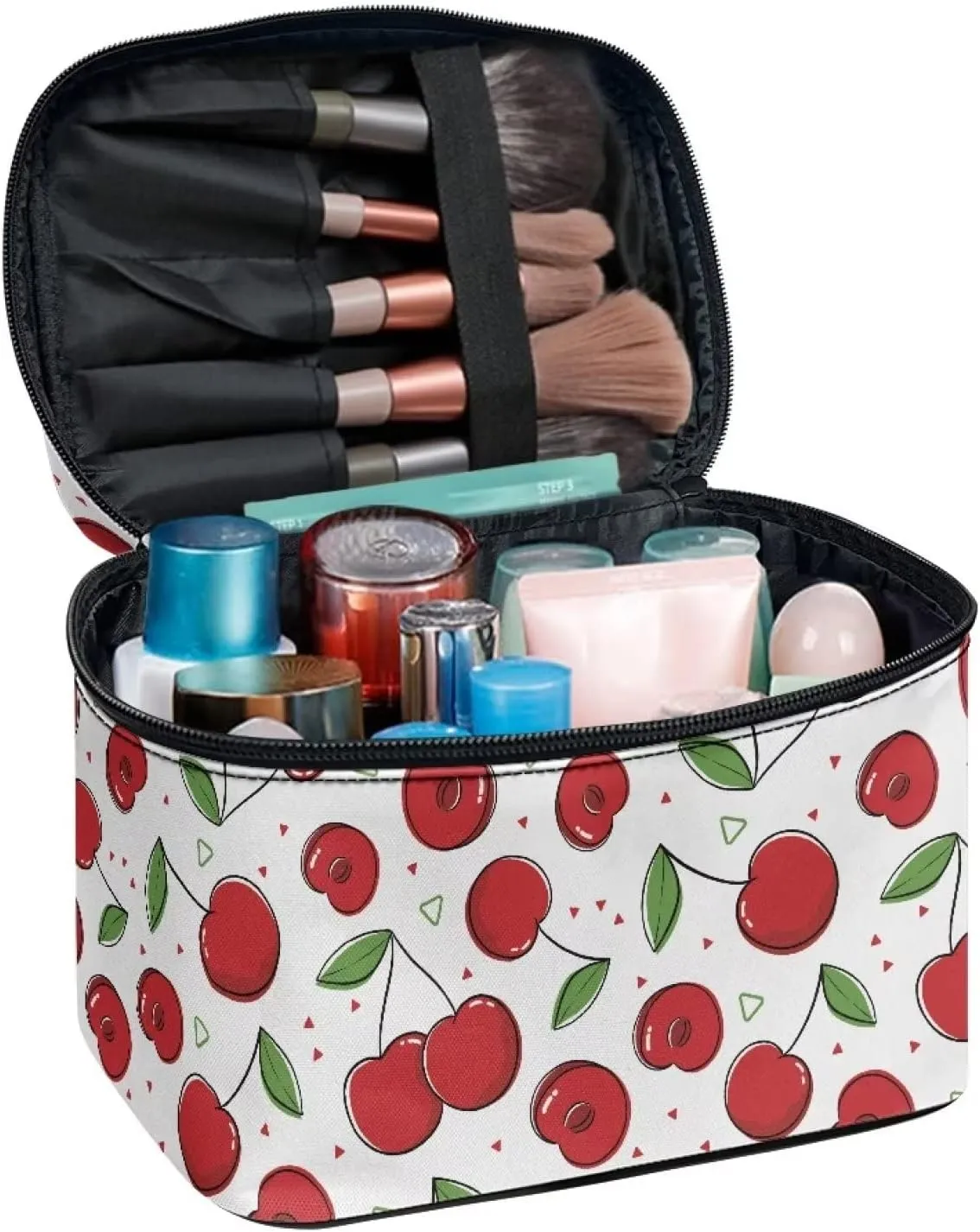 JEOCODY Cherry Print Travel Makeup Bag Hanging Toiletry Pouch Organizer Portable Handbag Cosmetic Case Portable Multifunction Makeup Pouch with Handle for Cosmetics Makeup Brushes