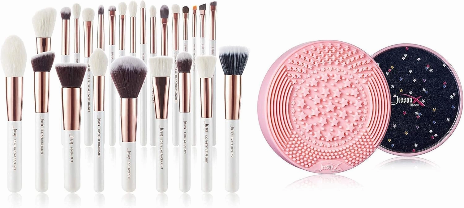Jessup Professional Makeup Brushes Set 25 Pcs with 2 in 1 Silicone Brush Cleaning Mat & Color Removal Sponge