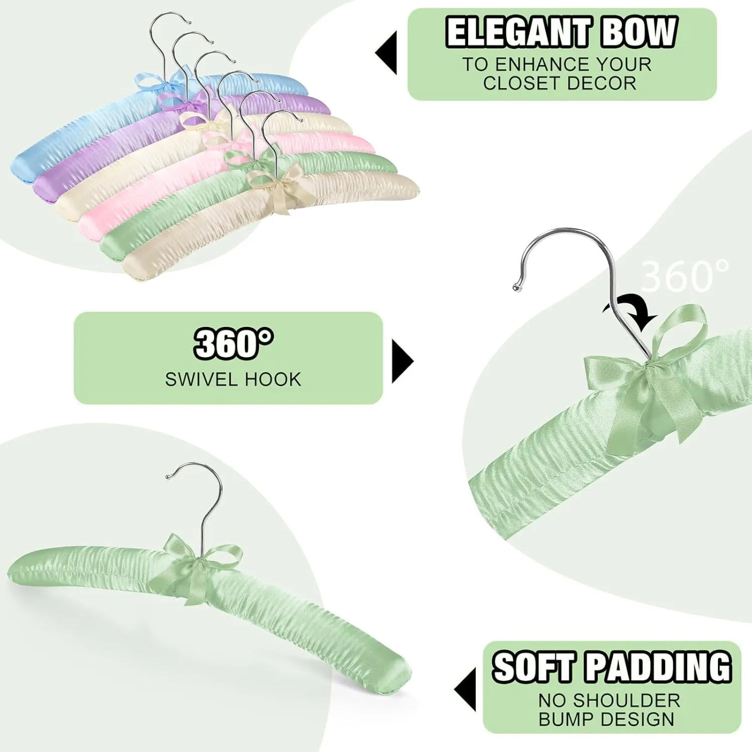 Jetec 24 Pieces Satin Padded Hangers with 360° Swiveling Hook Sponge Shoulder Pads Hanger for Coat, Sweaters, Blouse, Wedding Dress, Women Cloths (Champagne,Beige,Blue,Pink,Lavender,Green)