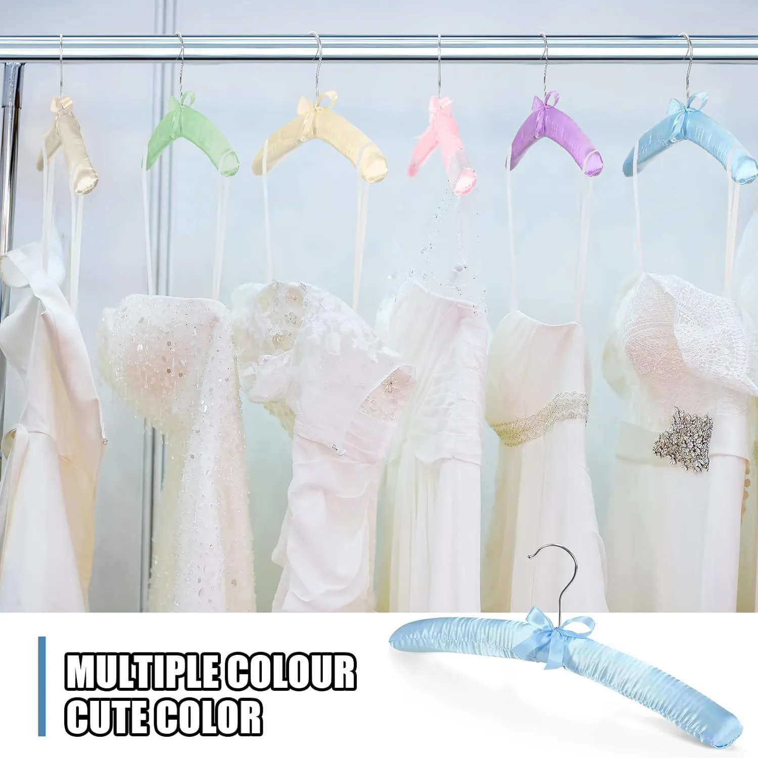 Jetec 24 Pieces Satin Padded Hangers with 360° Swiveling Hook Sponge Shoulder Pads Hanger for Coat, Sweaters, Blouse, Wedding Dress, Women Cloths (Champagne,Beige,Blue,Pink,Lavender,Green)