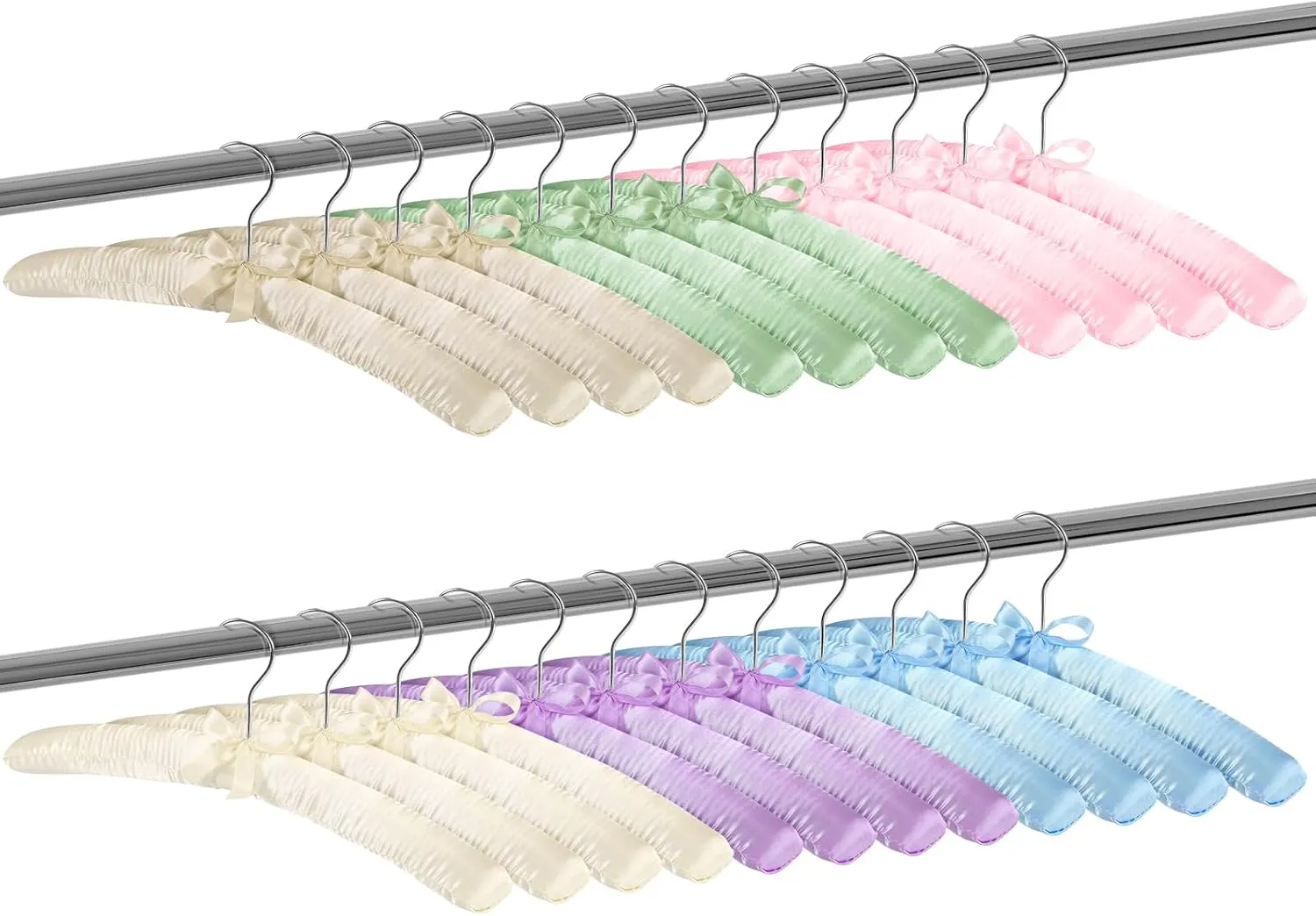 Jetec 24 Pieces Satin Padded Hangers with 360° Swiveling Hook Sponge Shoulder Pads Hanger for Coat, Sweaters, Blouse, Wedding Dress, Women Cloths (Champagne,Beige,Blue,Pink,Lavender,Green)