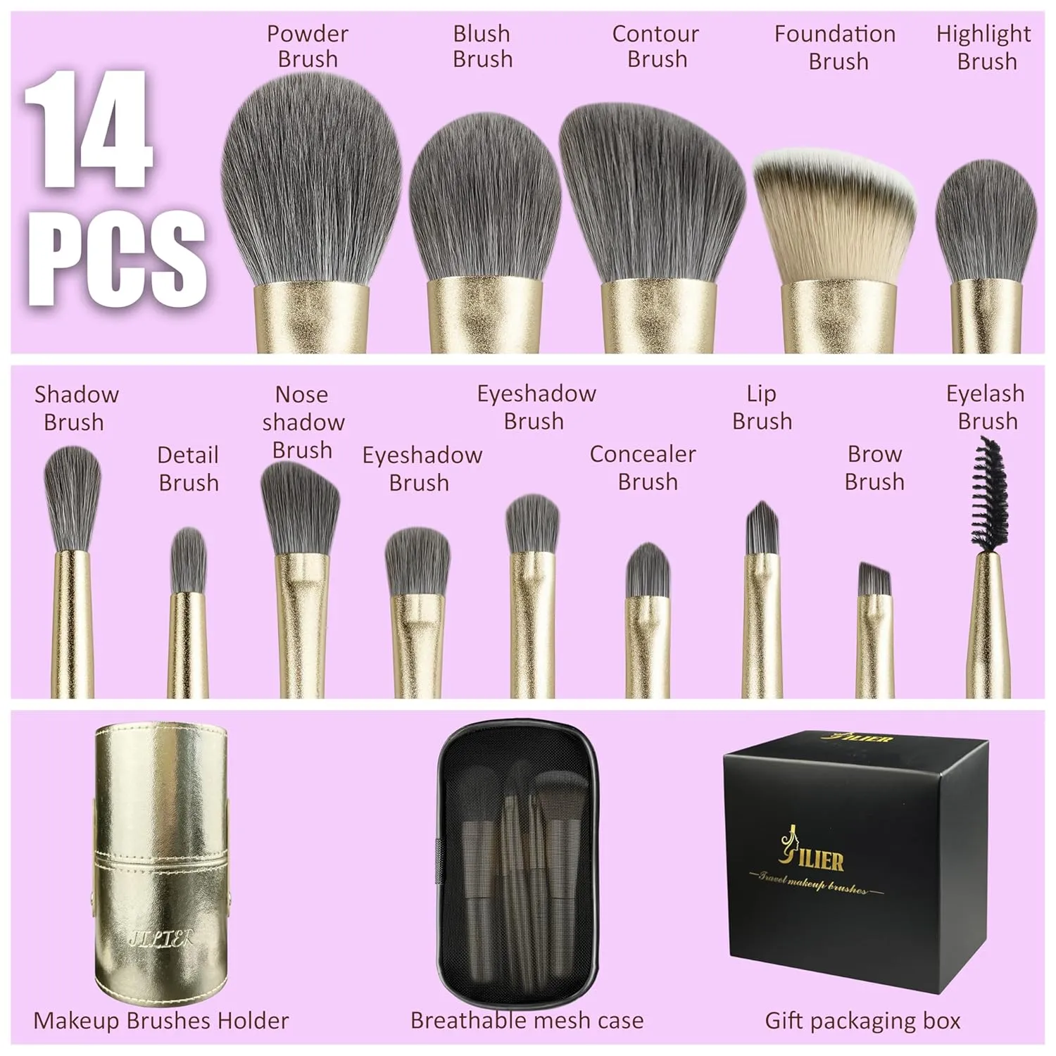 Jilier Travel Makeup Brush Set, 14 pcs Mini Makeup Brushes for Foundation, Powder, Eyeshadow, Highlight, Contour, Blush & Concealer, Small Makeup Brush Set Purse Size with Case