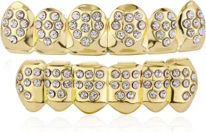JINAO Gold Grill 14K Gold Plated Iced Out Teeth Grillz Top Bottom Tooth Caps Hip Hop Bling Gold shiny Mouth Grills for your teeth