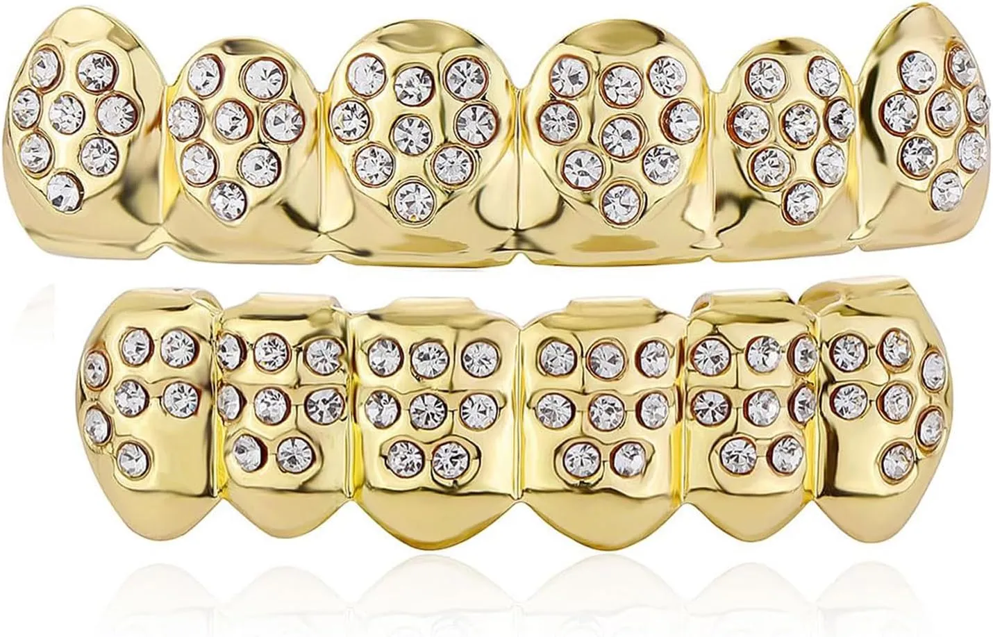 JINAO Gold Grill 14K Gold Plated Iced Out Teeth Grillz Top Bottom Tooth Caps Hip Hop Bling Gold shiny Mouth Grills for your teeth