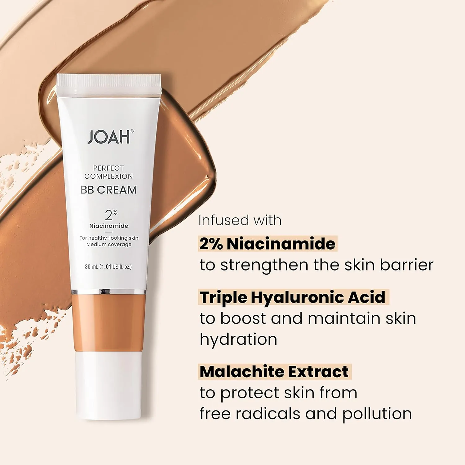 JOAH Beauty Perfect Complexion BB Cream with Hyaluronic Acid and Niaciminade, Korean Makeup with Medium Buildable Coverage, Evens Skin Tone, Lightweight, Semi Matte Finish, Tan with Warm Undertones