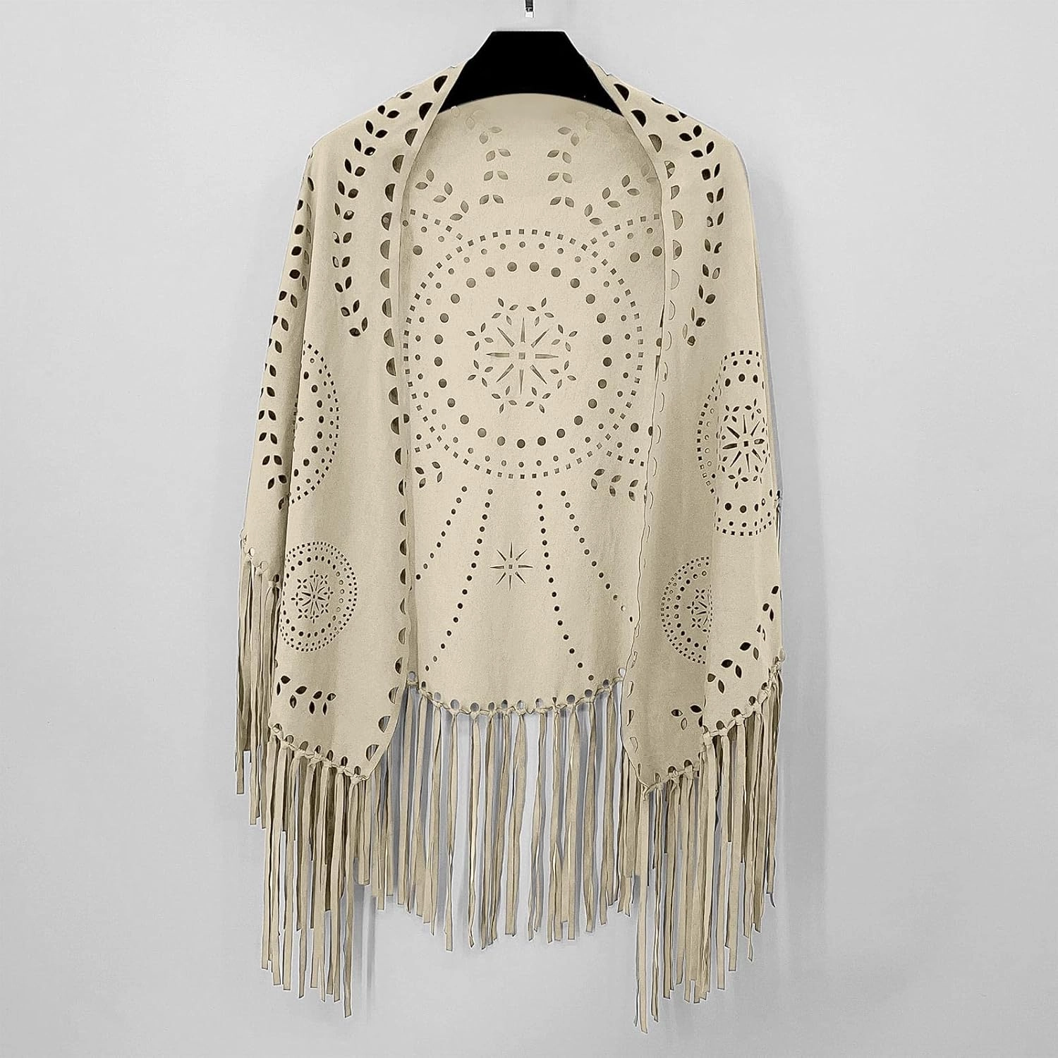 JOAU Suede Hollow Out Shawl Wraps for Women Open Front Ethnic Western Cowgirl Cardigan Capelet with Tassel Vintage Cape