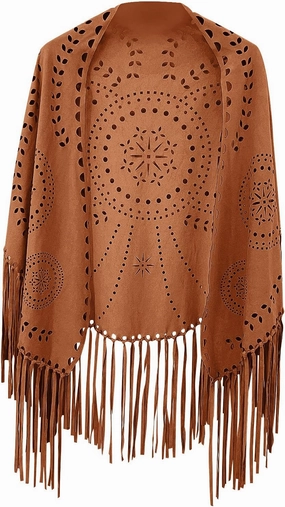 JOAU Suede Hollow Out Shawl Wraps for Women Open Front Ethnic Western Cowgirl Cardigan Capelet with Tassel Vintage Cape