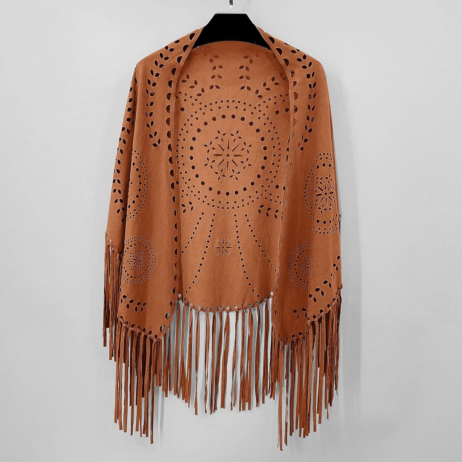 JOAU Suede Hollow Out Shawl Wraps for Women Open Front Ethnic Western Cowgirl Cardigan Capelet with Tassel Vintage Cape